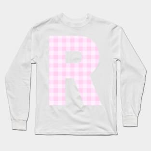 Pink Letter R in Plaid Pattern Background. Long Sleeve T-Shirt